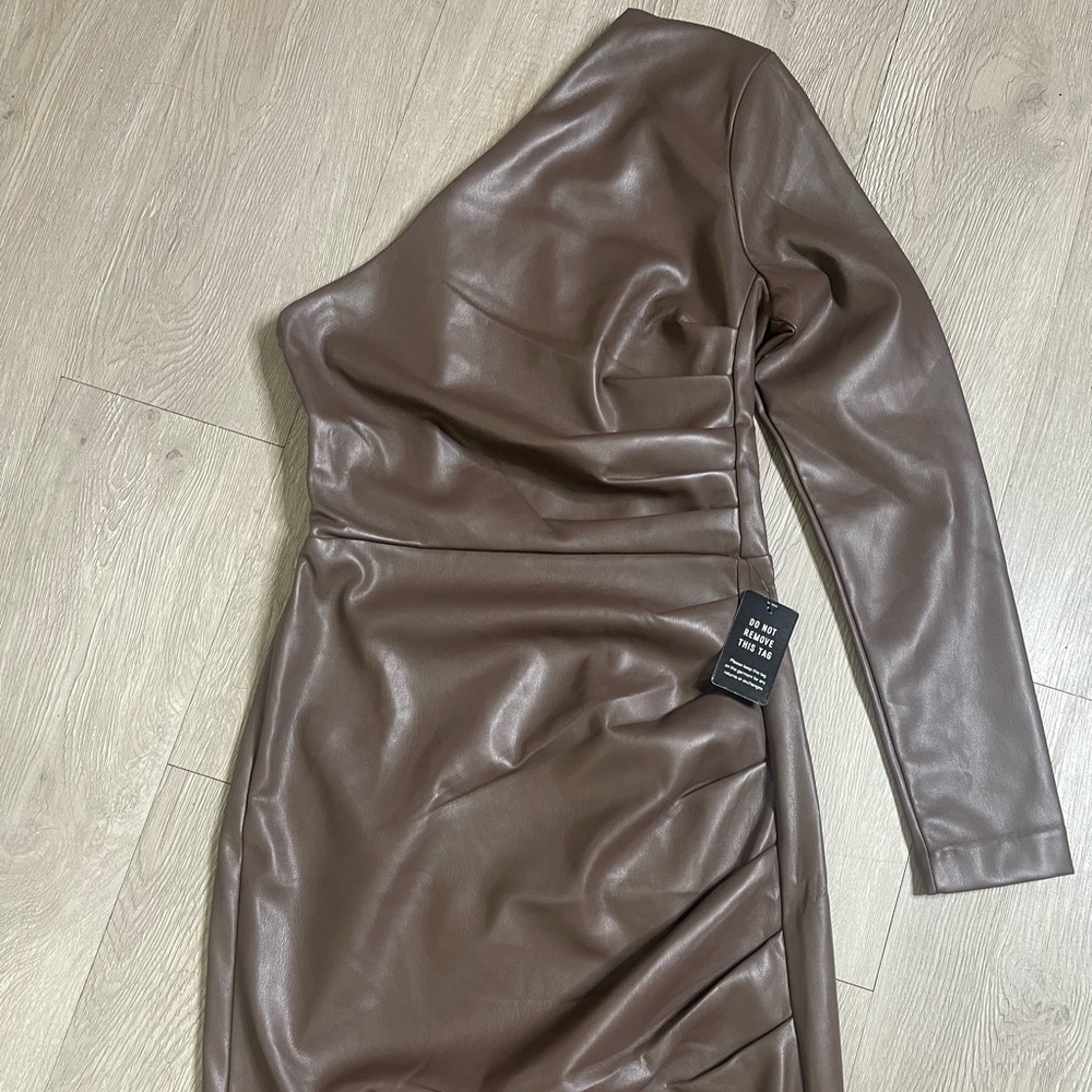 Express Brown Faux Leather One-Shoulder Long Sleeve Bodycon Dress